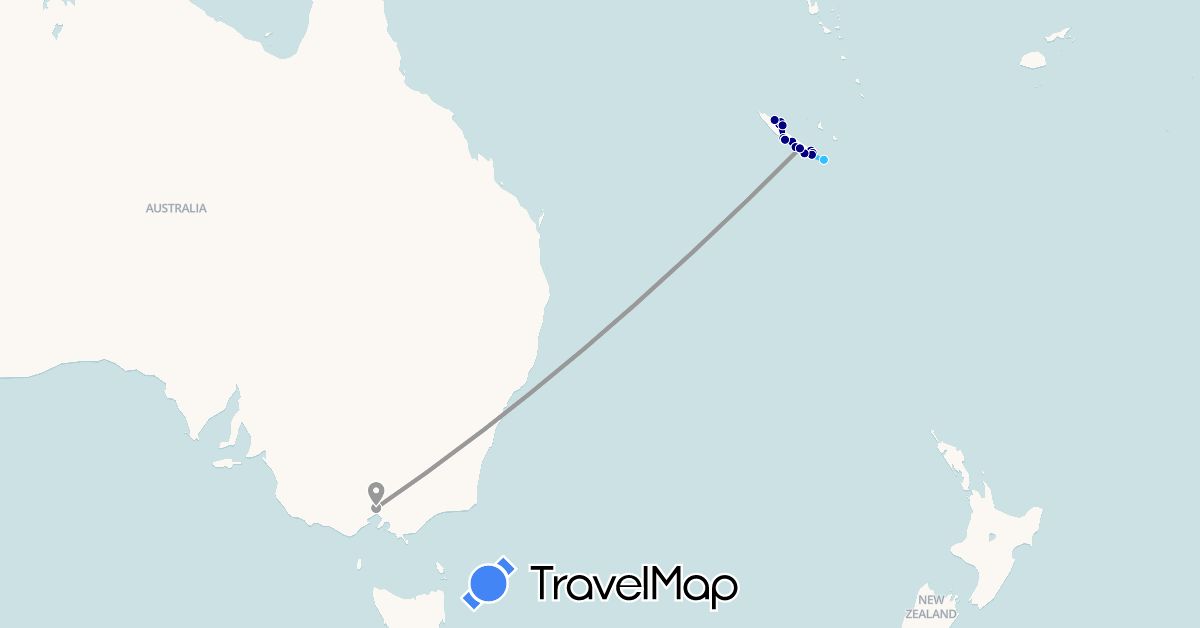 TravelMap itinerary: driving, plane, boat in Australia, New Caledonia (Oceania)